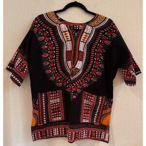 African Dashiki Traditional Boohoo Dressy‎ Shirt Top Black Multicolor 48" Chest